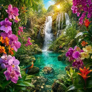 A waterfall surrounded by tropical orchids
