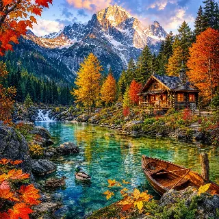 An alpine lake surrounded by autumn woodland